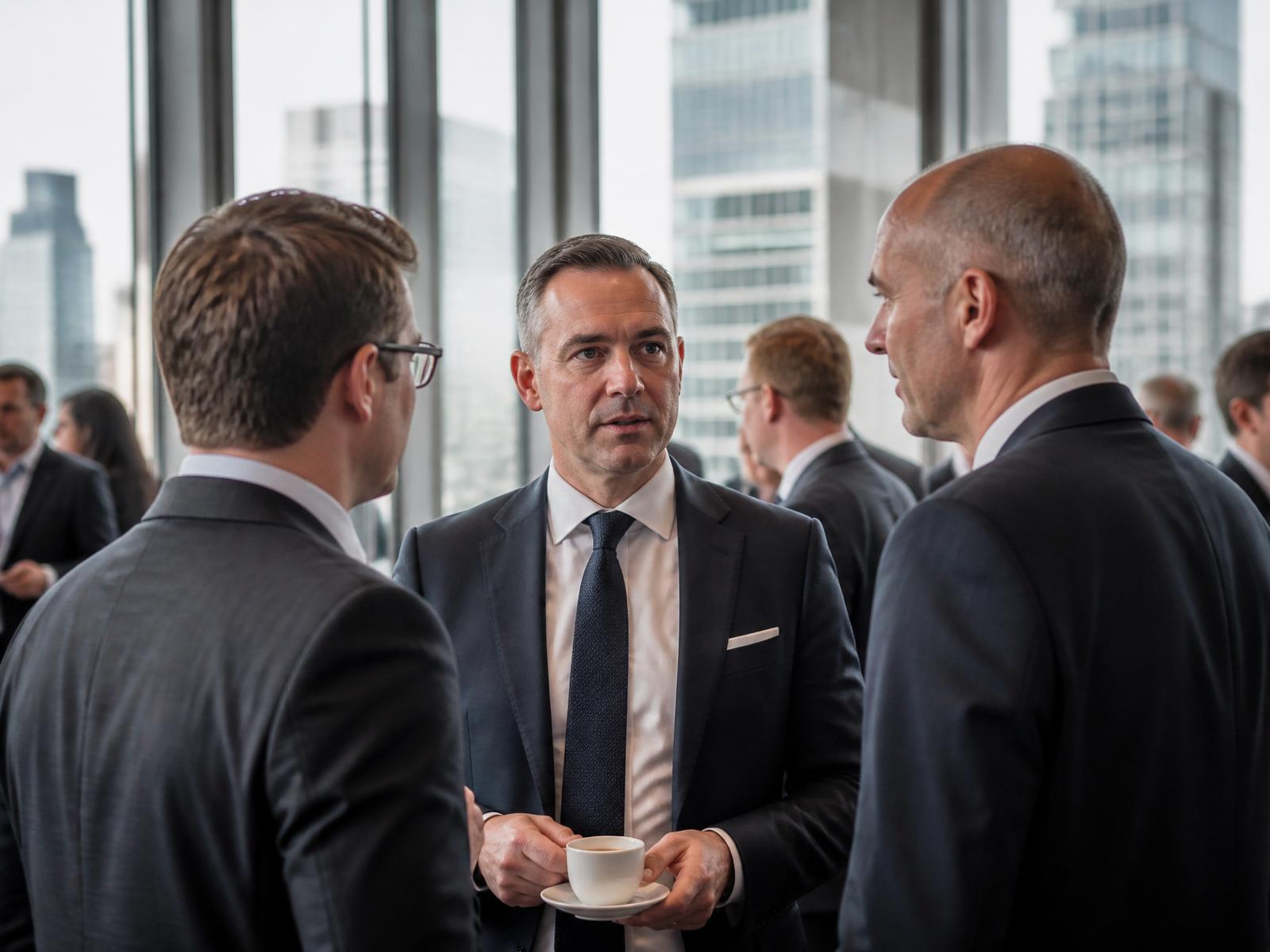 Business executives in suits talking during a networking break with Canary Wharf towers behind them